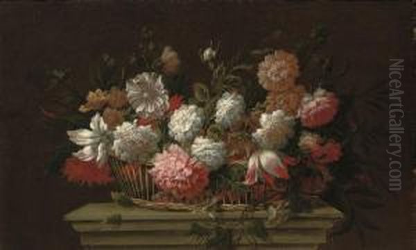 Carnations, Chrysanthemums, 
Roses, A Parrot Tulip And Other Flowers In A Basket On A Ledge Oil Painting by Pieter Hardime