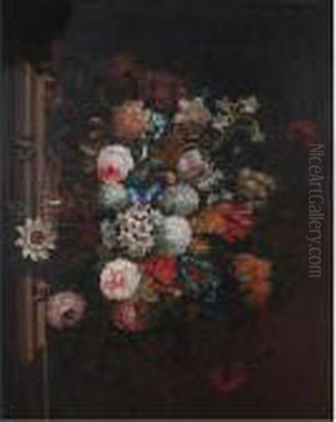 Still Life With A Bouquet Of Flowers In A Basket On A Stone Ledge Oil Painting by Pieter Hardime