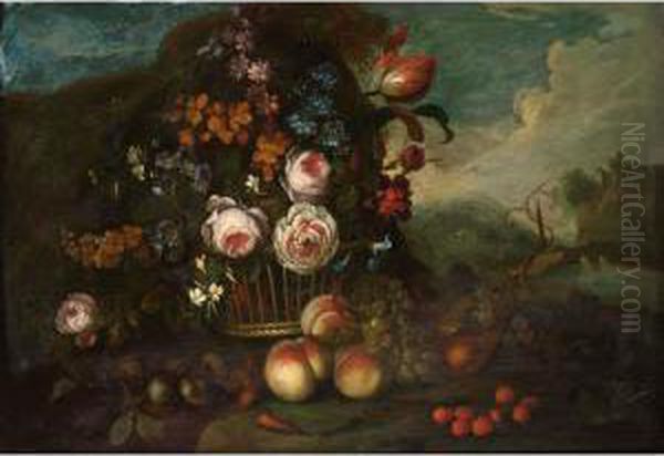 A Still Life With Roses, A Tulip
 And Other Flowers In A Basket, Peaches, Grapes And Strawberries In 
Front, In A Landscape Oil Painting by Pieter Hardime