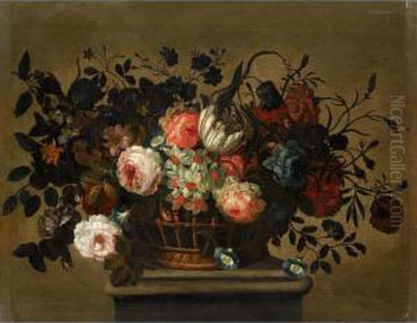 A Flower Still Life With A 
Tulip, Roses, Bluebells, Daffodills And Carnations In A Basket On A 
Ledge Oil Painting by Pieter Hardime