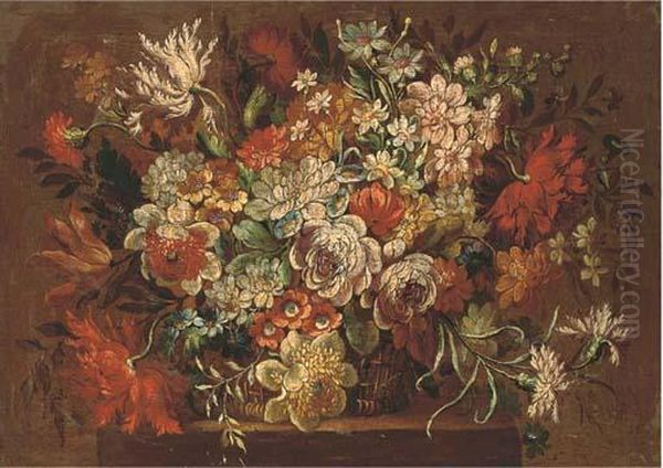 Summer Flowers In A Wicker Basket Oil Painting by Pieter Hardime