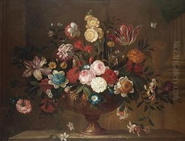 Tulips, Carnations, Roses, 
Honeysuckle And Morning Glory In A Bronze Urn On A Stone Ledge Oil Painting by Pieter Hardime