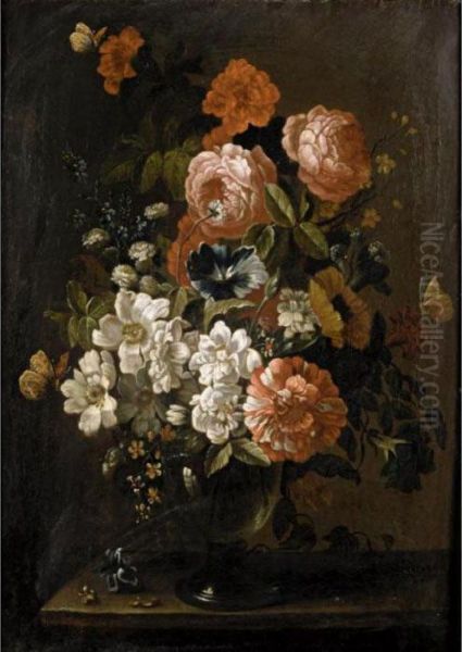 Still Life With Various Flowers In A Glass Vase, On A Stone Ledge Oil Painting by Pieter Hardime