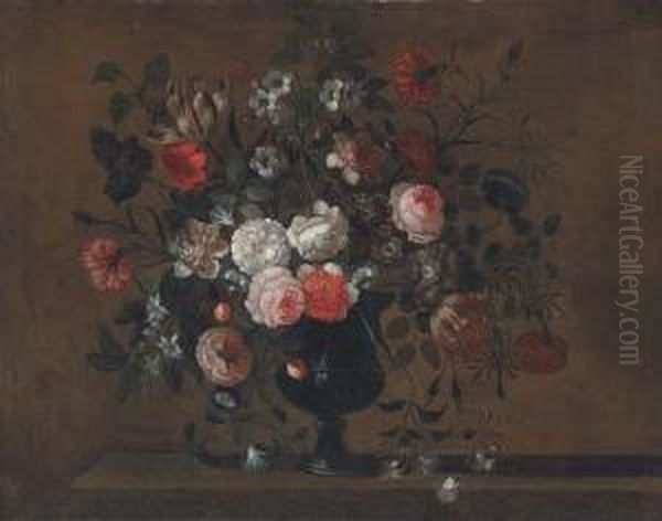 Parrot Tulips, Roses, Morning 
Glory, Chrysanthemums And Otherflowers In A Vase On A Ledge Oil Painting by Pieter Hardime