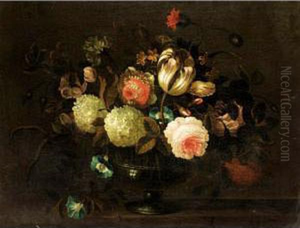 Still Life With A Tulip, Roses, 
Carnations, Morning Glory And Other Flowers In A Glass Vase On A Stone 
Ledge Oil Painting by Pieter Hardime