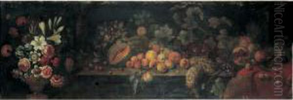 Nature Morte Au Vase De Fleurs Et Fruits Sur Un Entablement Oil Painting by Pieter Hardime