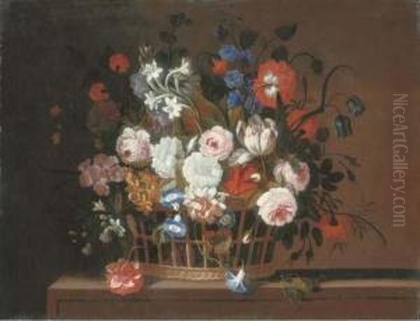 Roses, Tulips, Morning Glory, 
Carnations, Delphinium, Primrose, Narcissi And Other Flowers In A Basket
 On A Stone Ledge Oil Painting by Pieter Hardime