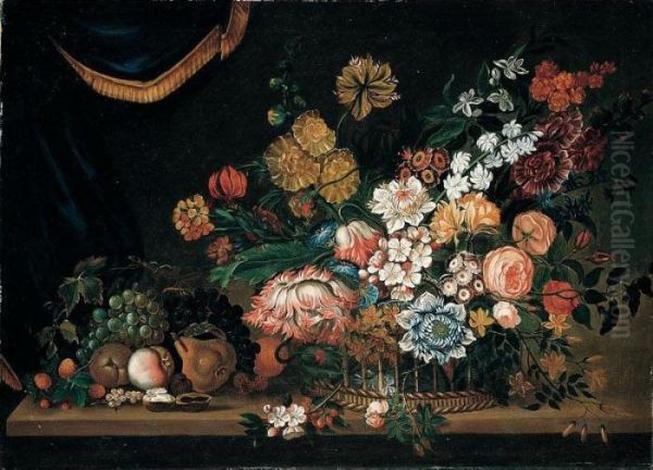 A Still Life Of Flowers And 
Fruit In A Basket, All Resting Upon A Table, A Draped Curtain Beyond Oil Painting by Pieter Hardime