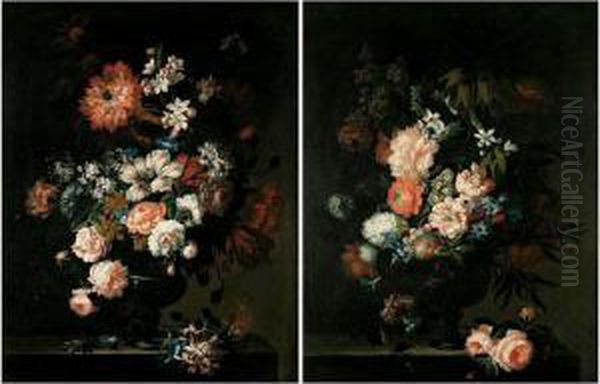 Still Lifes Of Roses, Tulips, 
Convolvuli, Chrysenthamums, Hyacinths, Peonies And Other Flowers In 
Glass Vases, Both Set Upon Stone Pedestals Oil Painting by Pieter Hardime