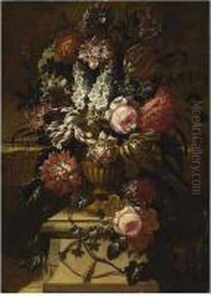 A Still Life With Roses, Peonies, Tulips And Other Flowers In A Oil Painting by Pieter Hardime