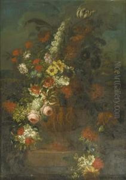 Roses, Tulips, Carnations And 
Other Flowers In A Sculpted Vase Decorated With Putti On A Stone Ledge 
In A Landscape - A Chimney Piece Oil Painting by Pieter Hardime