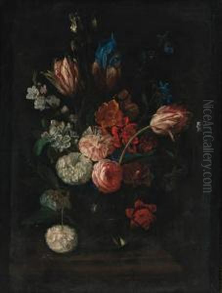 Carnations, Tulips, Peonies, Irises And Other Flowers In A Glassbowl On A Ledge Oil Painting by Pieter Hardime