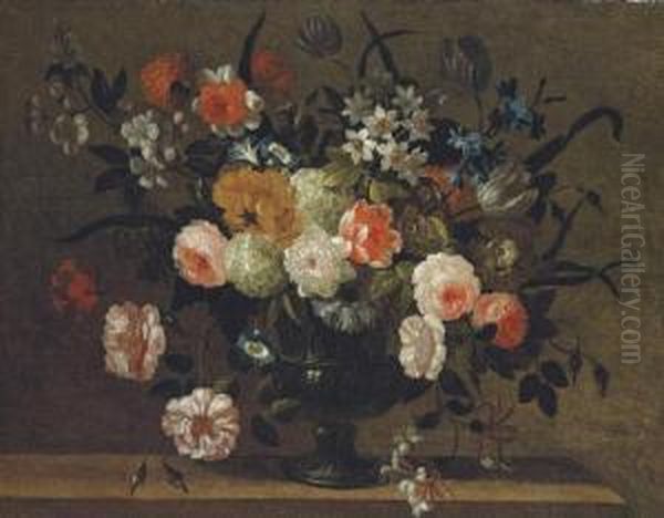 Roses, Carnations, Morning 
Glory, Bluebells, Honeysuckle And Other Flowers In A Classical Urn On A 
Stone Ledge Oil Painting by Simon Hardime