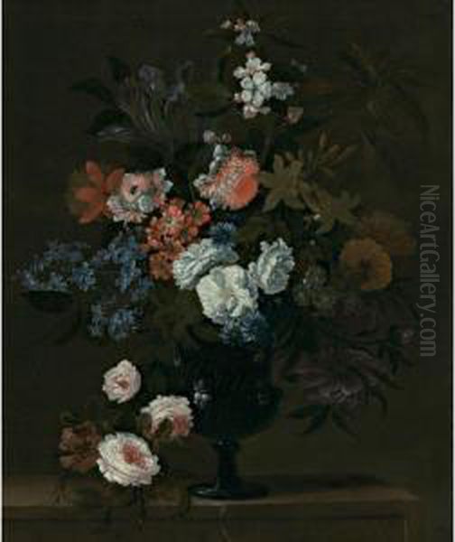 Still Life Of Flowers In A Vase Resting On A Stone Ledge Oil Painting by Simon Hardime