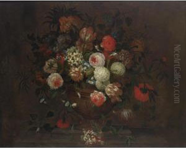 A Still Life With Roses, 
Daffodils, Snowballs, An Imperial Crown, Tulips, Morning Glory, 
Honeysuckle And Other Flowers, All In A Earthenware Vase On A Stone 
Ledge Together With A Butterfly Oil Painting by Simon Hardime