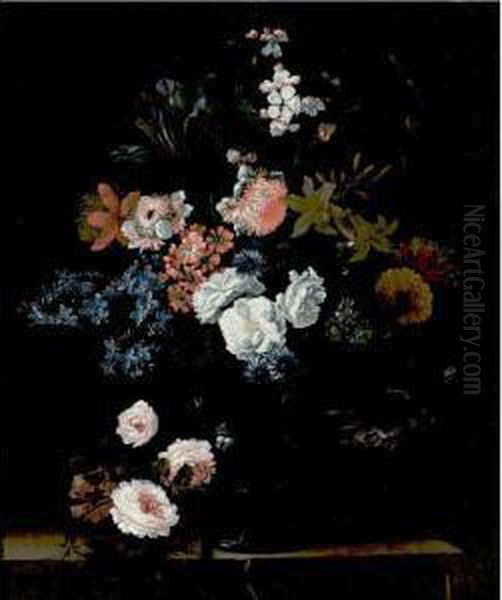 Still Life Of Flowers In A Vase Resting On A Stone Ledge Oil Painting by Simon Hardime