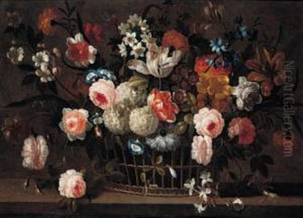 Still Life Of Roses, Tulips, Narcissi And Other Flowers In A Basket On A Stone Ledge Oil Painting by Simon Hardime