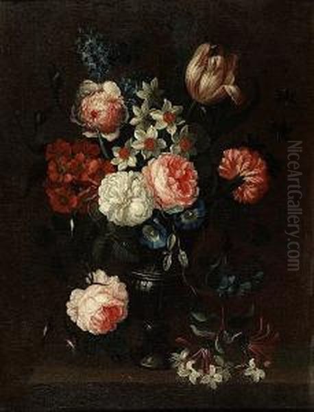 Roses, Tulips, Narcissi, Morning
 Glory And Delphiniums With Other Flowers In A Glass Vase On A Ledge Oil Painting by Simon Hardime