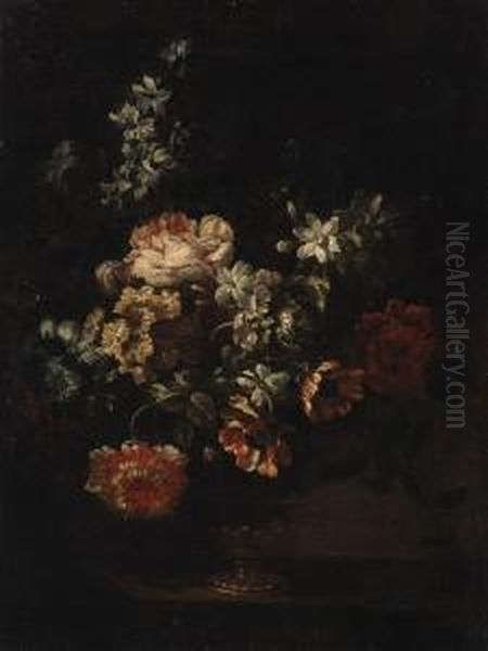 Carnations, Roses, Tulips And Other Flowers In An Glass Vase On Aledge Oil Painting by Simon Hardime