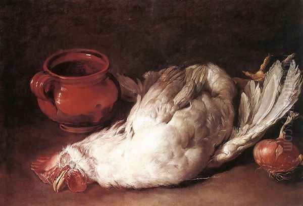 Still-Life with Hen, Onion and Pot 1750s Oil Painting by Giacomo Ceruti (Il Pitocchetto)