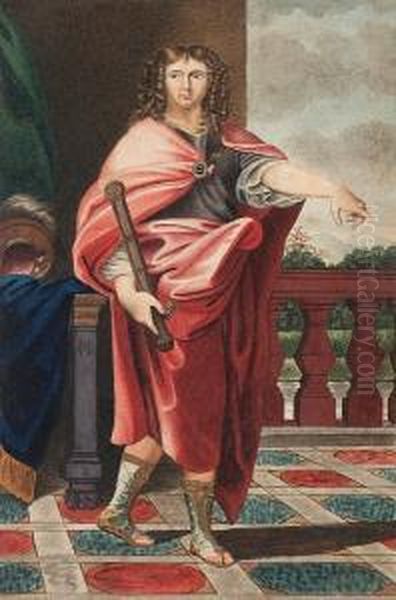 A Roman General, Standing On 
Tiled Balcony, Wearing Red Robes Over Armoured Breast Plate And Sandals,
 He Holds A Sword, A Blue Cape, Helmet And Green Curtain To The Left Oil Painting by George Perfect Harding