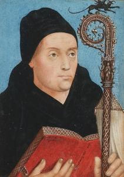 A Medieval Bishop, Wearing Black
 Robes And Cap, He Holds A Red Book And Ornately Carved Staff Topped 
With Dragon Oil Painting by George Perfect Harding