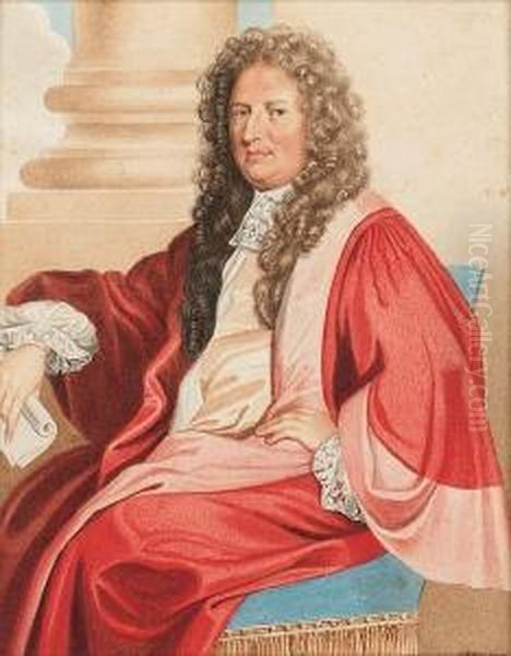 Dr Herbert Plot, Seated On A 
Blue Upholstered Chair, Wearing Crimson And Pink Robes, White Lace Cuffs
 And Jabot, He Holds A Scroll Of Paper Oil Painting by George Perfect Harding