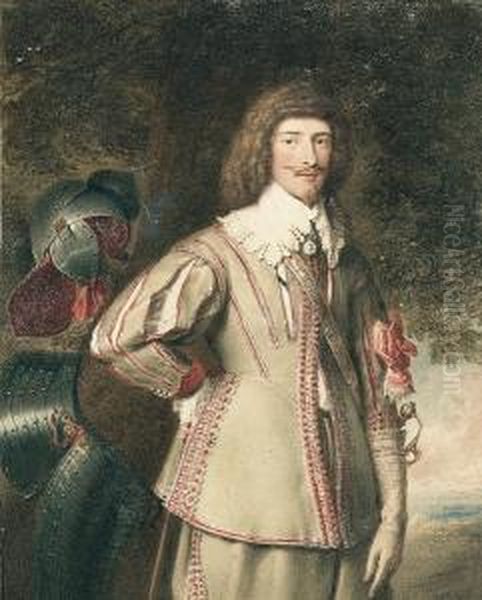 A Cavalier Of The Mid-17th 
Century, Wearing Buff-coloured Jerkin, Slashed To Reveal Cream Shirt 
With Wide Collar, His Armour In A Tree At His Side, Landscape Background Oil Painting by George Perfect Harding