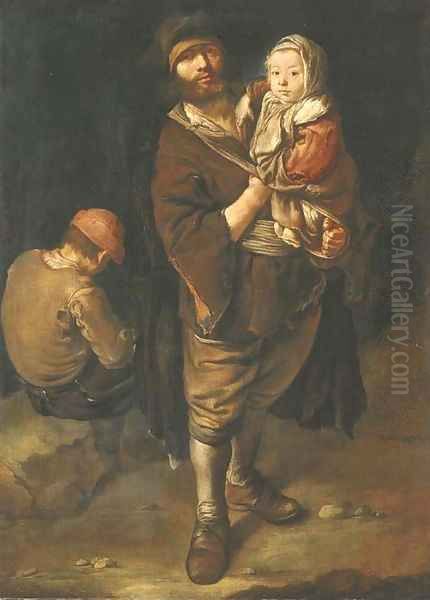 A peasant holding his daughter in his arms, a seated street urchin beyond Oil Painting by Giacomo Ceruti (Il Pitocchetto)