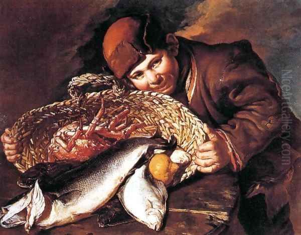 Boy with a Basket of Fish Oil Painting by Giacomo Ceruti (Il Pitocchetto)