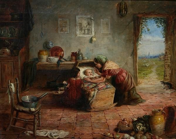 Mother, Daughter And Baby In A Cottage Interior Oil Painting by Frederick Daniel Hardy