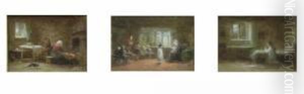 Three Oils On Board Interior Scenes Two Initialled 2.25 X 3.25in. Framed As One Oil Painting by Frederick Daniel Hardy