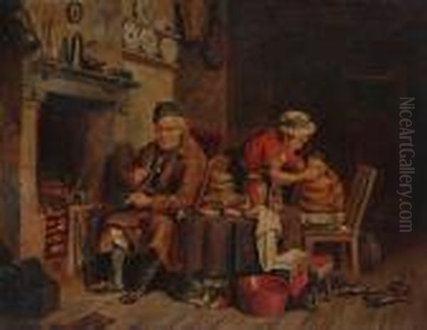 Domestic Life Beside The Fire; The Feathered Visitor. Oil Painting by Frederick Daniel Hardy