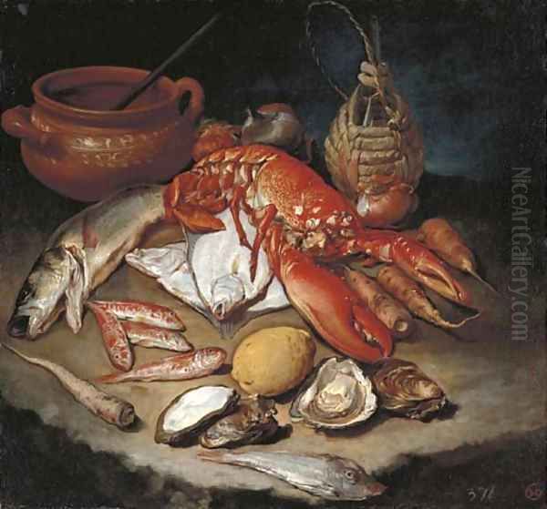 A lobster, herring, turbot, skate, red mullets and oysters with turnips, onions, a lemon, an earthenware pot and a wicker and glass bottle on a stone Oil Painting by Giacomo Ceruti (Il Pitocchetto)