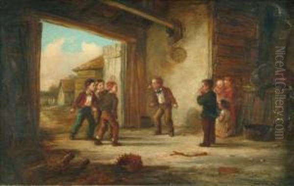 Boys Swinging For Apples In A Barn Oil Painting by Frederick Daniel Hardy