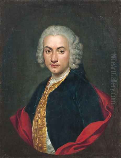 Portrait of a gentleman, half-length, in a blue velvet jacket, a gold-embroidered waistcoat and a red cape, in a feigned oval Oil Painting by Giacomo Ceruti (Il Pitocchetto)