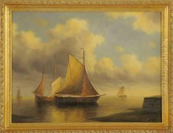 Fishing Boats By The Coast Oil Painting by James Hardy