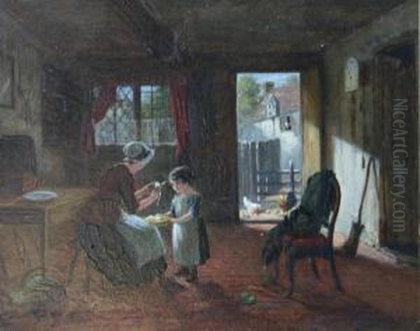 Woman Peeling Apples Seated Upon
 A Stool, A Young Child Holding A Bowl Before Her, Chickens In A Yard In
 Background Oil Painting by James Hardy