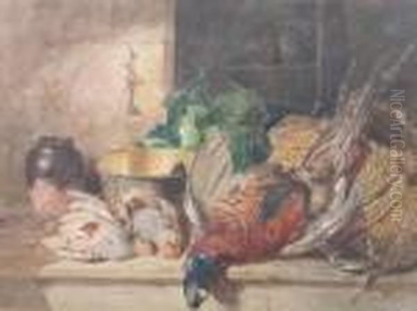 A Still Life With Dead Pheasant, Partridges, Brass Pan And Jar On A Tabletop Oil Painting by James Hardy