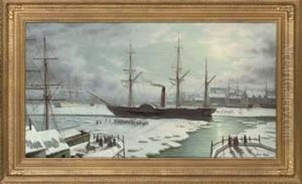 A Padle Steamer Entering The Port Oil Painting by James Hardy