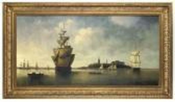 Anchored Ships On Tranquil Waters Oil Painting by James Hardy