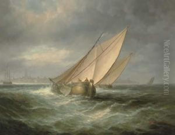 A Wijdschip On A Choppy Estuary, A Dutch Town Beyond Oil Painting by James Hardy