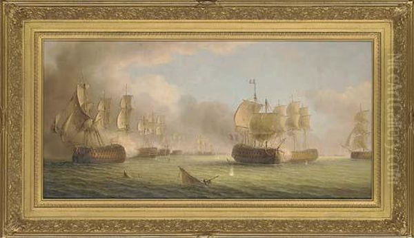 A Naval Engagement Oil Painting by James Hardy