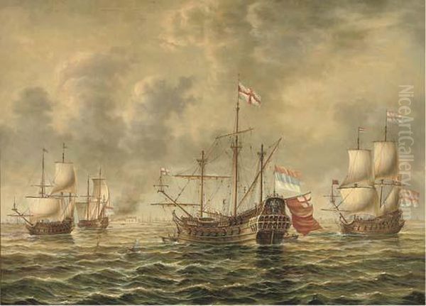 Warships Off A Coastal Town Oil Painting by James Hardy