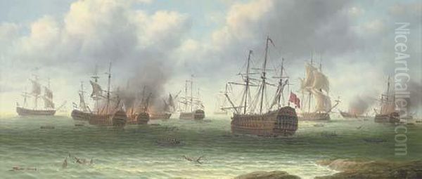 A Naval Engagement Oil Painting by James Hardy