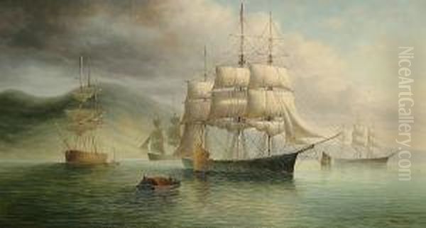 Ships At Anchor In Calm Waters Oil Painting by James Hardy