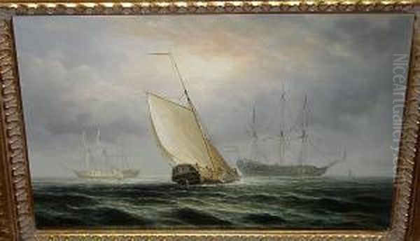 A Dutch Fishing Vessel And Two Dutch Naval Ships, Signed 'janes Hardy' Oil Painting by James Hardy