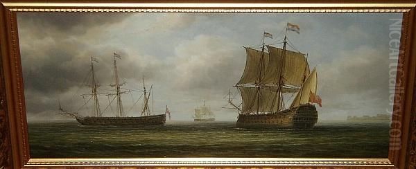 Two Views Of A Dutch Frigate, Signed 'janes Hardy' Oil Painting by James Hardy