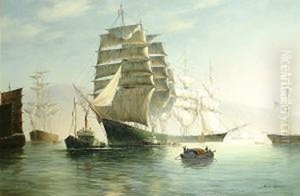 Tall Ships And A Chinese Junk In A Harbour Oil Painting by James Hardy