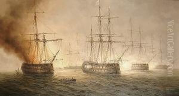 A Naval Engagement Oil Painting by James Hardy